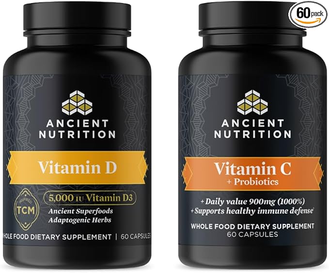 Ancient Nutrition Vitamin D Capsules 60 Count + Vitamin C Capsules 60 Count