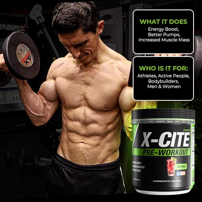 X-CITE Pre-Workout by ATHLEAN-X - Enhanced Formula with Beta-Alanine Creatine &amp Caffeine for Ultimate Energy Endurance Focus &amp Muscle Pump NSF Certified for Sports (Fruit Punch)