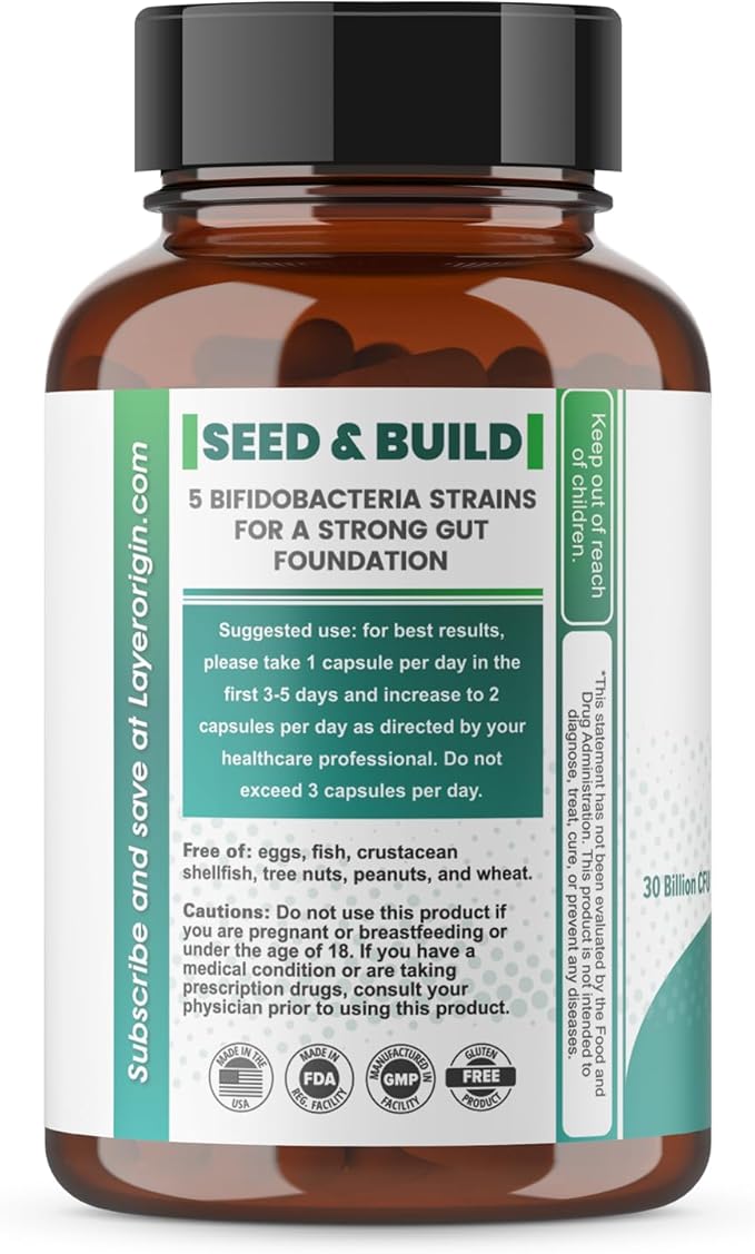 Layer Origin PureBifido Probiotics with 5 Strains of Bifidobacteria for Seeding Gut Microbiome and Boosting Your Gut Health 30 Servings HMO-Prebiotic Responding Strains