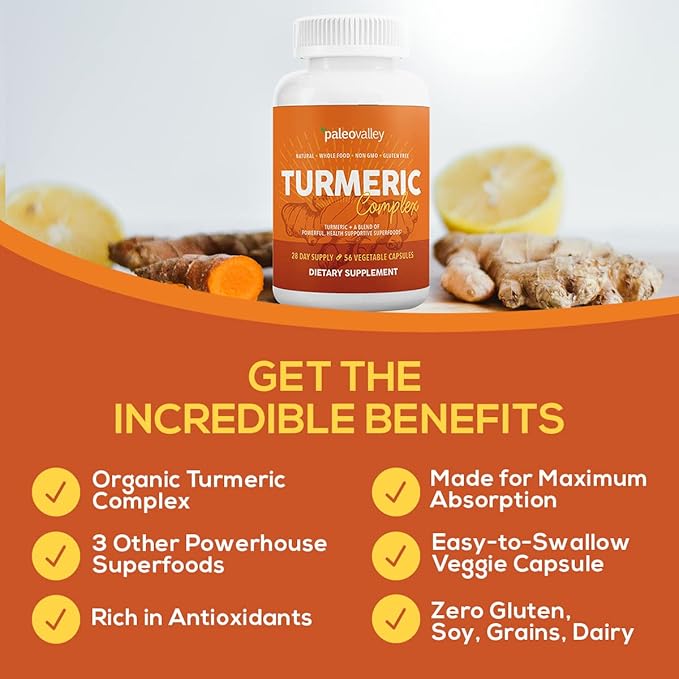 Paleovalley - Organic Turmeric Complex - Full Spectrum Organic Turmeric with Health-Supportive Superfoods - 56 Vegetarian Capsules - Support Joints Immunity Brain and Heart Health