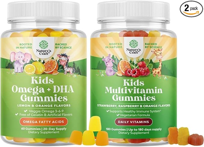Bundle of Kids DHA Omega 3 Gummies - Fatty Acids Omega 3 6 9 for Brain Immune Strength &amp Vision and Plant Based Kids Multivitamin Gummies with Vitamins A C D3 E B and Zinc for Immunity Support
