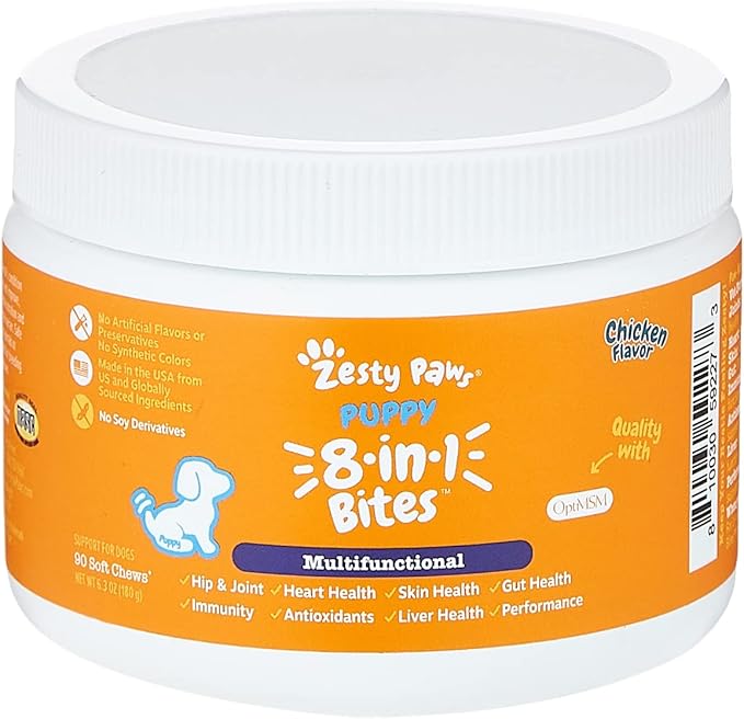 Zesty Paws Dog Multivitamin Chewable Dog Vitamins and Supplements for Hip &amp Joints Skin &amp Coat Omega 3 Fish Oil for Dogs- Puppy Multivitamin - Chicken Puppy Bites- 90ct