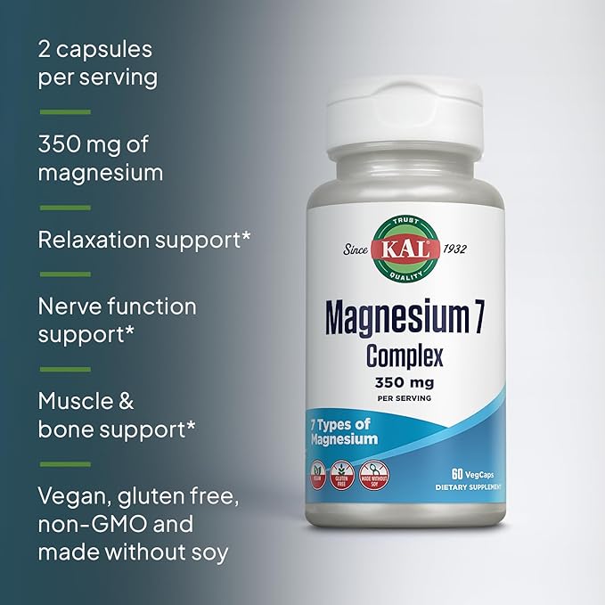 KAL Magnesium Complex 7 - Total Complex with Magnesium Glycinate Citrate Malate and More - Relaxation and Whole Body Support Supplements - Vegan 60-Day Guarantee - 30 Servings - 60 VegCaps