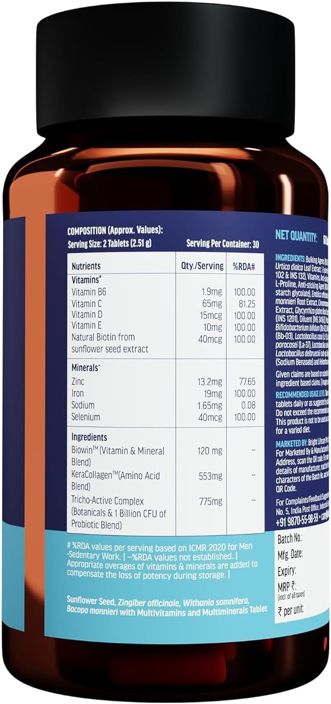 Vitals Hair Vitamin with DHT Blockers (60 Capsules) | Omega &amp Biotin Supports Keratin Synthesis &amp Helps Reduce Hair Fall
