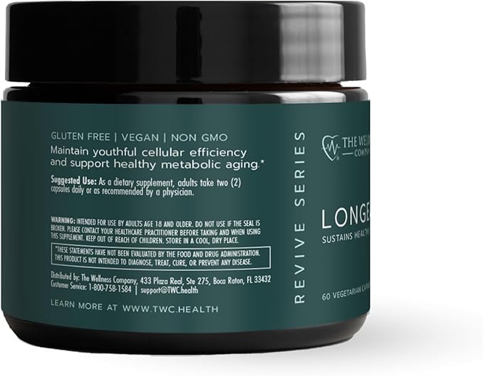 The Wellness Company Longevity – Mitochondria Efficiency DNA Repair Cellular Senescense - NR Lipsomal Glutathione Resveratrol Bifidobacterium 15B CFU | 60ct (1 Month Supply)