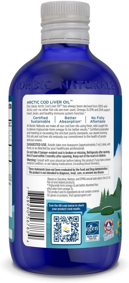 Nordic Naturals Arctic Cod Liver Oil Strawberry - 8 oz - 1060 mg Total Omega-3s with EPA &amp DHA - Heart &amp Brain Health Healthy Immunity Overall Wellness - Non-GMO - 48 Servings