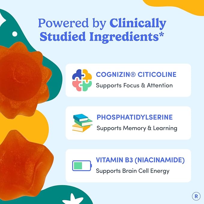 FIRST DAY Kids Focus &amp Brain Supplement Gummies Ages 4+ | Attention &amp Calm Support with Cognizin® Citicoline &amp Phosphatidylserine | Organic Vegan | 30-Day Supply