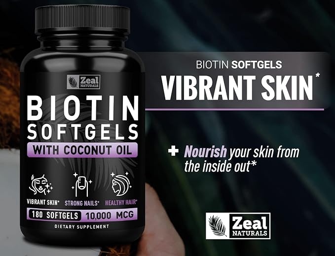 Zeal Naturals Biotin with Coconut Oil for Hair 10000mcg (180 Softgels) Supplement - Biotin Pills for Hair Skin and Nails Vitamins for Women Capsules for Men Hair Growth 6 mo Supply