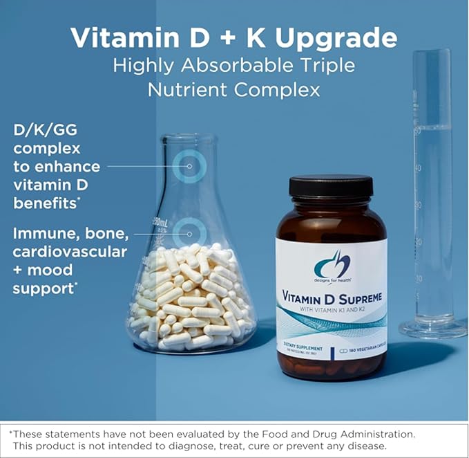 Designs for Health Vitamin D Supreme - Vitamin D 5000 IU with 2000mcg Vitamin K as MK4 for Bone Health Heart Health Mood &amp Immune Support - Vitamin D3 Enhanced with GG Supplement (60 Capsules)