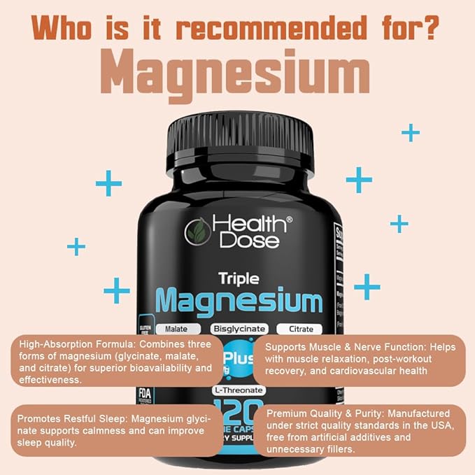Health Dose Triple Magnesium Complex 1000 mg | L-Threonate Bisglycinate Citrate &amp Malate Blend | Support for Muscle Relaxation Sleep &amp Cognitive Function | 120 Capsules | All-in-One Formula