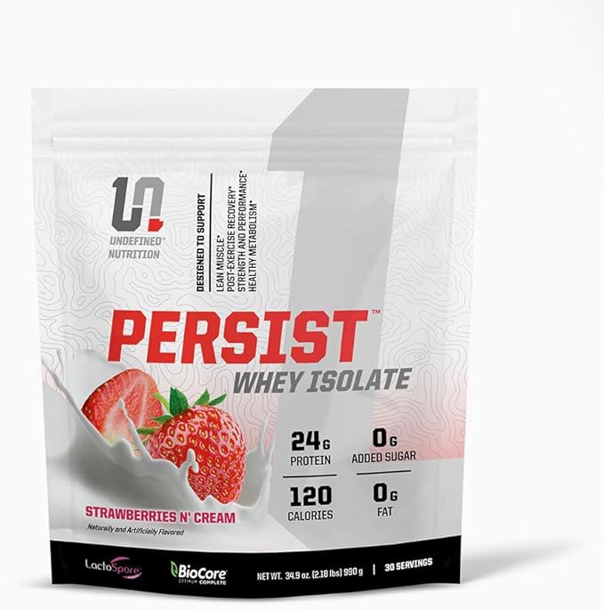 Undefined Nutrition Persist Whey Isolate by Brian Shaw - 24g Protein 30 Servings – Supports Recovery Strength &amp Performance - Gluten Free Fast Absorbing (2.18lbs Strawberries N' Cream)