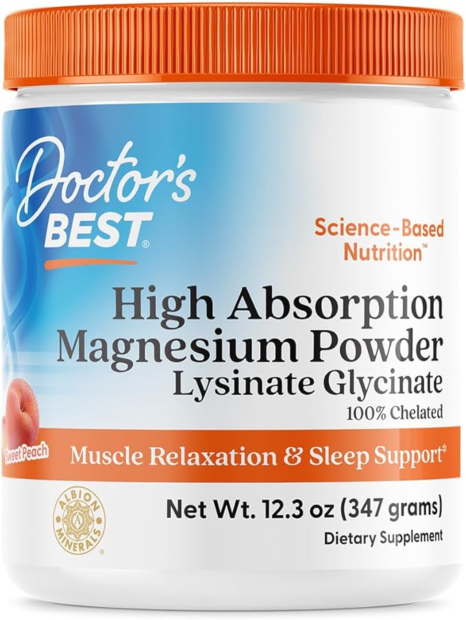 Doctor's Best High Absorption Magnesium Powder (Peach Flavored) 100% Chelated TRACCS Not Buffered Headaches Muscle Vegan Peach Flavor 12.3 Ounce (Pack of 1)