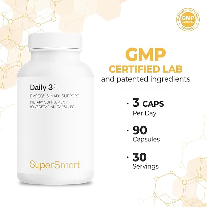 Supersmart Daily3 + Bio PQQ (All-in-One Formula) - Multivitamin for Women and Men - 45 Essential Nutrients | Non-GMO &amp Gluten-Free | 1 Month Supply - 90 Vegetarian Capsules