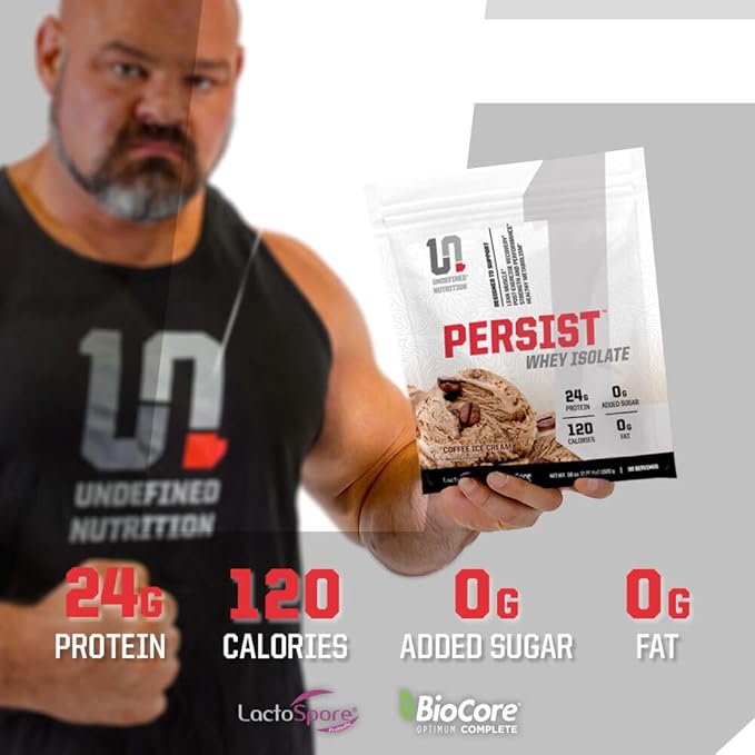 Undefined Nutrition Persist Whey Isolate by Brian Shaw - 24g Protein 30 Servings – Supports Recovery Strength &amp Performance - Gluten Free Fast Absorbing (2.18lbs Vanilla)