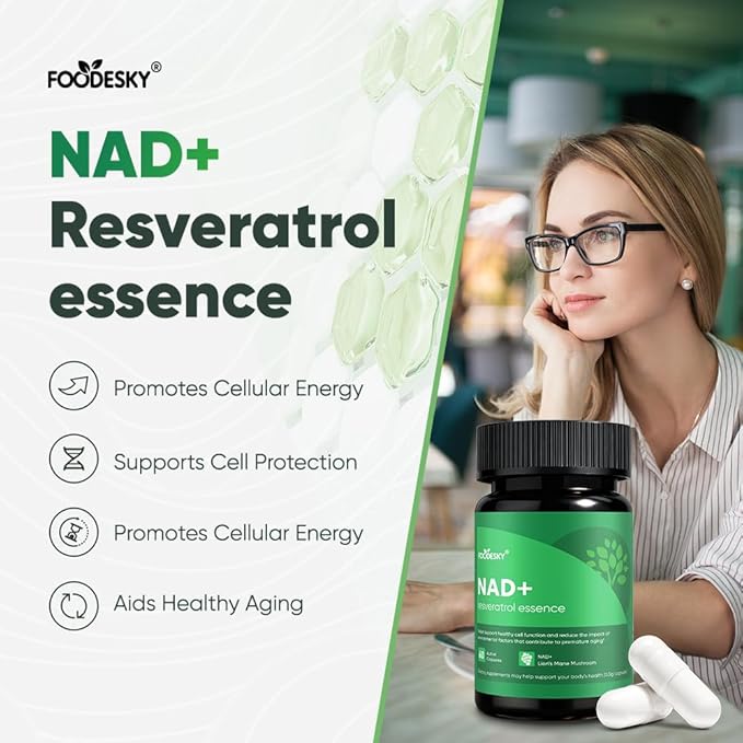 NAD+ Resveratrol Essence Capsules - 5mg NAD+ &amp Lion's Mane Mushroom - Supports Healthy Cell Function &amp Daily Wellness - 60 Active Dietary Capsules (1PCS)