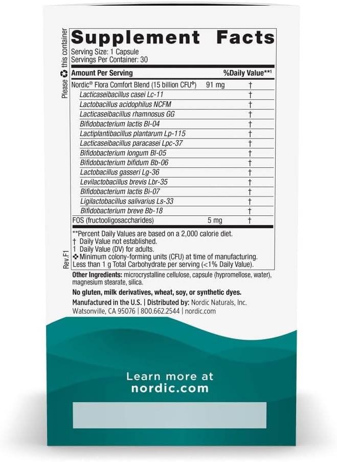 Nordic Naturals Nordic Flora Probiotic Comfort - 30 Capsules - 13 Probiotic Strains w/ 15 Billion Cultures - Supports Regularity &amp Digestive Comfort Alleviates Bloating - Non-GMO Vegan - 30 Serv