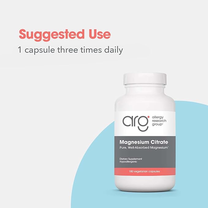 Allergy Research Group Magnesium Citrate - Supports Energy Levels Bone Health &amp Stress Response - Delivers 170 mg Magnesium Citrate - Bioavailable - 180 Servings - 180 Capsules