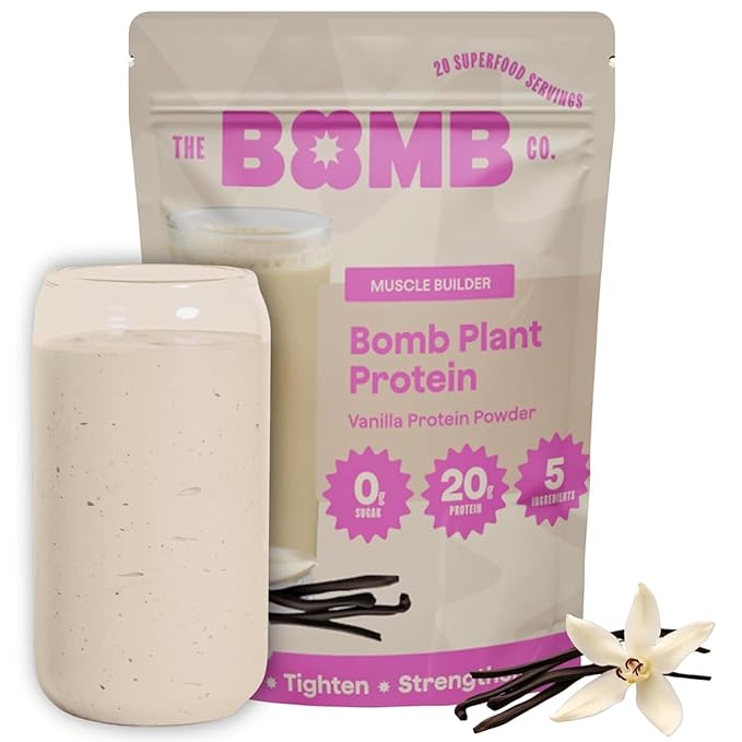 The Bomb Co. Bomb Plant Protein Protein Powder with 20g Protein Amino Acids Zero Sugar Pea Protein Chia Seeds Pumpkin Seeds Vanilla &amp Monk Fruit Gluten Free Vanilla Flavor 20 Srvgs