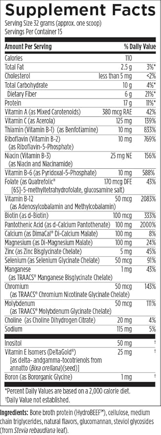 Designs for Health PaleoMeal - Bone Broth Protein Powder with 17g Protein Meal Replacement Shake Dietary Supplement with Active Folate + Chelated Minerals Vanilla (15 Servings / 480g)