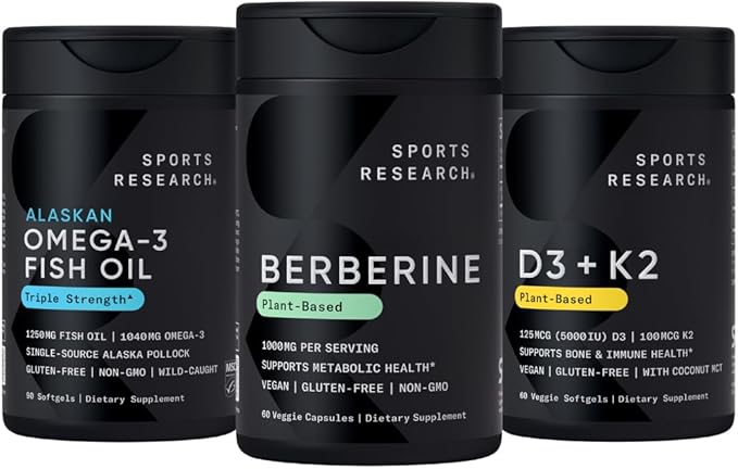 Sports Research Body Wellness Pack - Vegan Berberine &amp Vitamin D3 + K2 Supplements complemented by Triple Strength Omega-3 Fish Oil with EPA &amp DHA Fatty Acids (One Softgel per Day Recommended)
