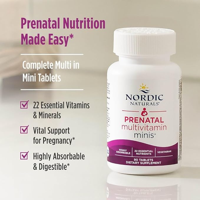 Nordic Naturals Vegetarian Prenatal Multivitamin Minis - 90 Easy to Swallow Tablets - Highly Absorbable Multivitamin and Mineral Supplement to Support Pregnancy - Non-GMO 30 Servings