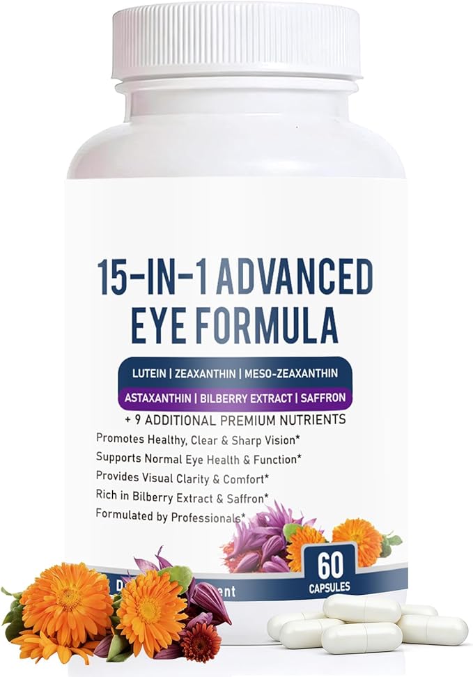 15 in 1 Advanced Eye Formula - Eye Vitamin and Mineral Supplement with Lutein Zeaxanthin Zinc &amp Bilberry Extract - Vision &amp Focus Support 60 Capsules