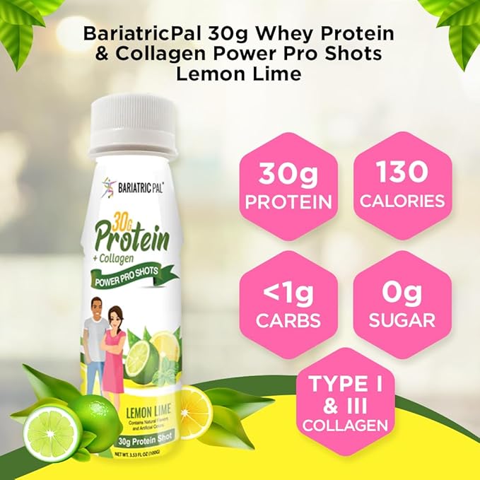 BariatricPal 30g Whey Protein &amp Collagen Sugar-Free Power Pro Shots - Lemon Lime (48 Bottles)