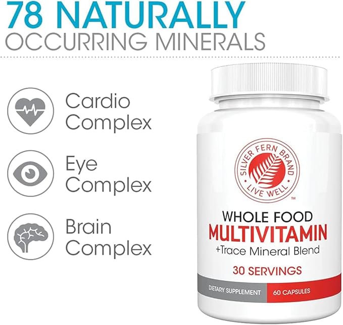 Silver Fern Whole Food Daily Multi Vitamin w/Trace Mineral Blend Supplement - 2 Bottles - 60 Vegicaps Each - 60 Day Supply - Natural Non-GMO Vegan Multivitamin for Men &amp Women - Zero Synthetics