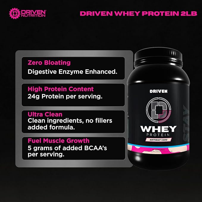 Driven WHEY- Whey Protein Powder: Delicious Clean Protein Shake- Improve Muscle Recovery with 23 Grams of Protein with Added BCAA and Digestive Enzymes (2lb Cookies &amp Cream)