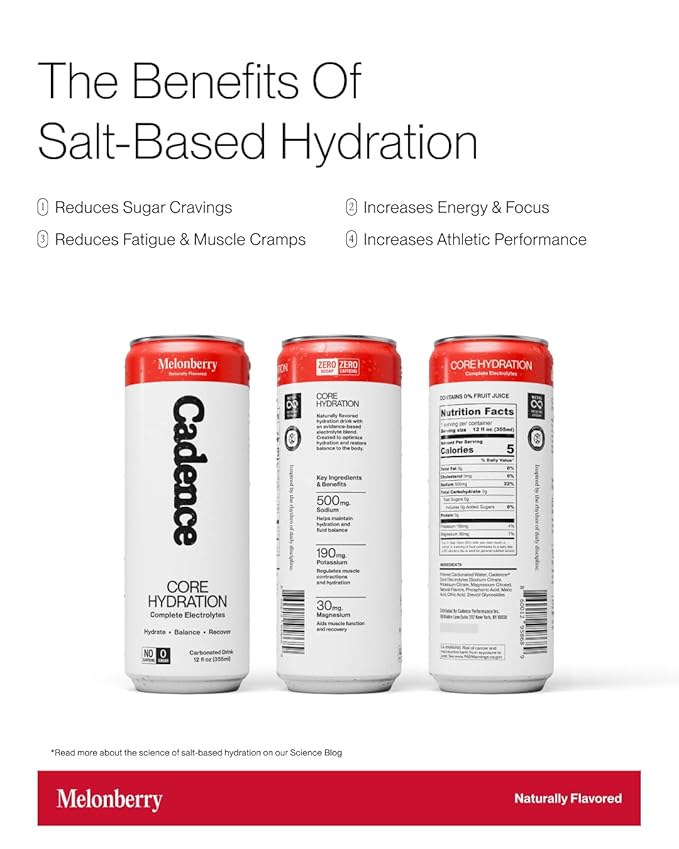 Cadence Electrolyte Drink Cans Melonberry - Case (355ml x 12) - US | Science-Backed Hydration | Zero Sugar Zero Caffeine | Sodium Potassium &amp Magnesium for Performance &amp Recovery