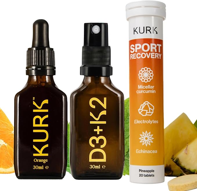 Vitamin D3 K2 Oral Spray Sport Electrolyte Tablets (Pineapple 20 Tabs) and High Strength Liquid Curcumin Oil from Turmeric (Orange 1 Fl Oz)
