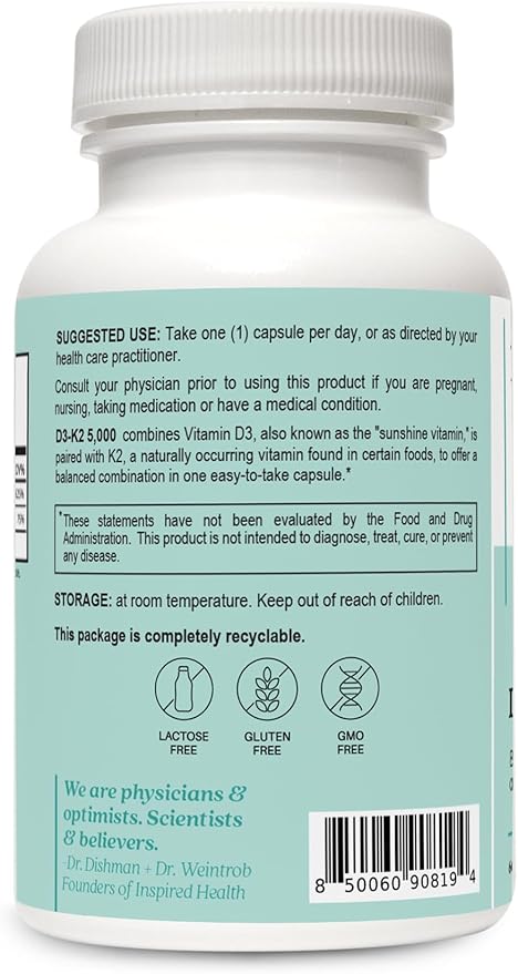LUMINSPIRED HEALTH Vitamin D3 K2 5000 IU (125 mcg) High Potency Dietary Gluten Free Vitamin Supplements for Healthy Bones Muscles Immune Support &amp Heart Health Non-GMO - 60 Counts Vegan Capsul