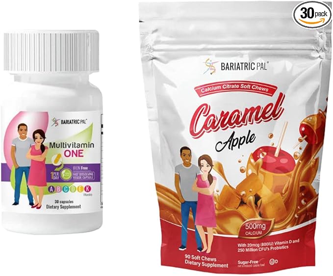 BariatricPal 30-Day Bariatric Vitamin Bundle (Multivitamin ONE 1 per Day! Iron-Free Capsule and Calcium Citrate Soft Chews 500mg with Probiotics - Caramel Apple)