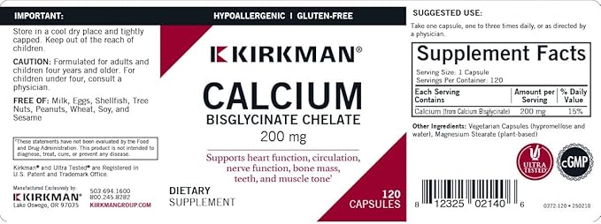 Kirkman - Calcium Bisglycinate Chelate 200mg - 120 Capsules - Without Vitamin D3 - Helps Maintain Strong Bones - Hypoallergenic