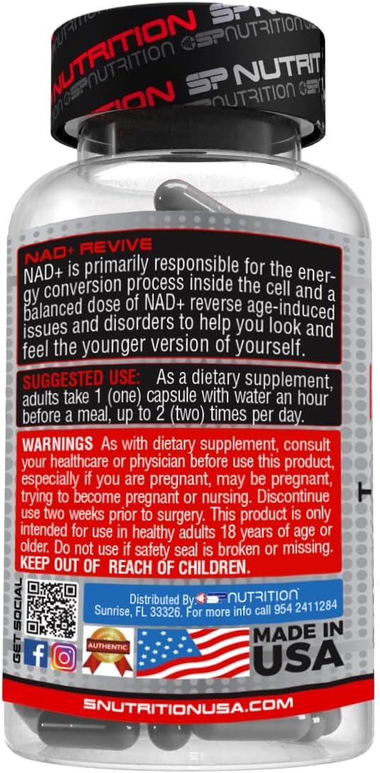 SP Nutrition NAD+ Revive – Premium Nicotinamide Adenine Dinucleotide Supplement – Supports Cellular Energy Metabolism &amp Healthy Aging – 60 Capsules