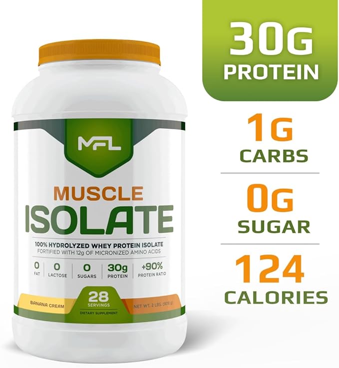 MFL 100% Pure Isolate Protein 2 lbs l 30g of Protein l 12g Amino Acids l Keto Friendly l Low Carbs | 28 Servings (Banana Cream)