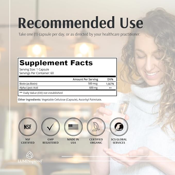 LUMINSPIRED HEALTH Alpha Lipoic Acid 600mg CR with Biotin 500mcg for Better Absorption 60 Vegan Tablets Supports Antioxidant Function Glucose Metabolism &amp Healthy Nerve Supplement Gluten Free