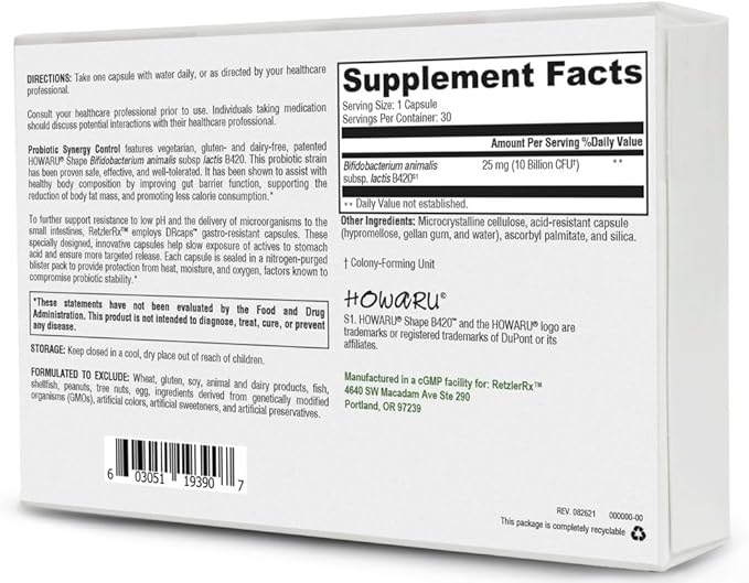 Probiotic Synergy Control by Dr. Retzler Rx™ - Probiotic Supplement to Support Gut Barrier Function - Bifidobacterium animalis subsp lactis B420 HOWARU® Gluten Free Dairy Free and Soy Free