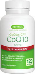 Igennus Advanced CoQ10 100mg 5X Bioavailability CoQsol-CF Boosted with D-Limonene 120 1-a-Day Servings Heart &amp Energy Ubiquinone Coenzyme Q10 &amp Vitamin E Antioxidant