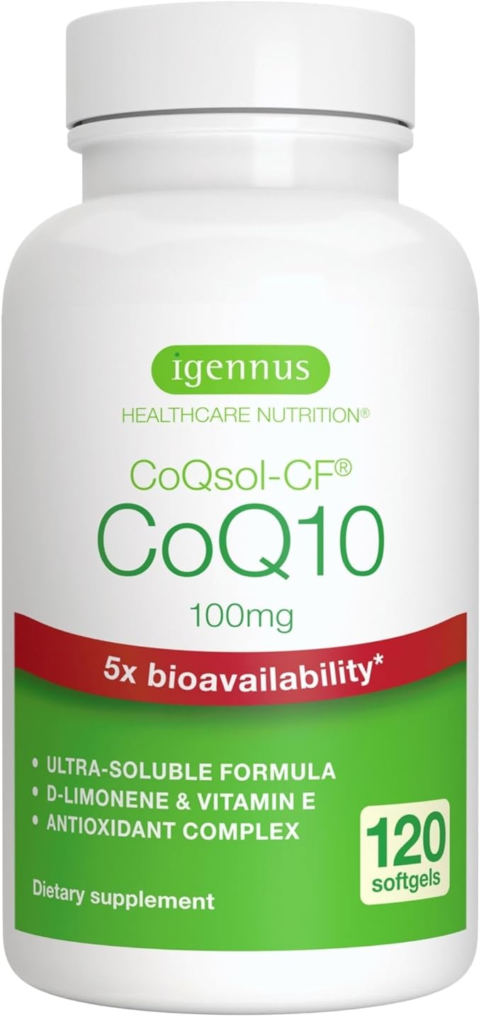Igennus Advanced CoQ10 100mg 5X Bioavailability CoQsol-CF Boosted with D-Limonene 120 1-a-Day Servings Heart &amp Energy Ubiquinone Coenzyme Q10 &amp Vitamin E Antioxidant