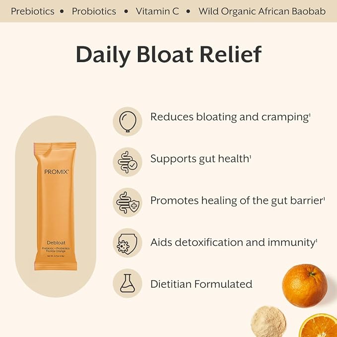 ProMix Nutrition Debloat Prebiotics and Probiotics with Baobab - Rich in Vitamin C Bloating Relief Immune Support - Orange - 30 Servings (Pack of 30)