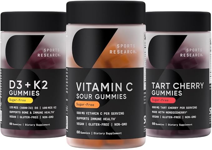 Sports Research® Gummies Pack - Vitamin C Vegan Vitamin D3 + K2 and Tart Cherry Supplements for Immune &amp Antioxidant Support Stronger Bones Workout Recovery