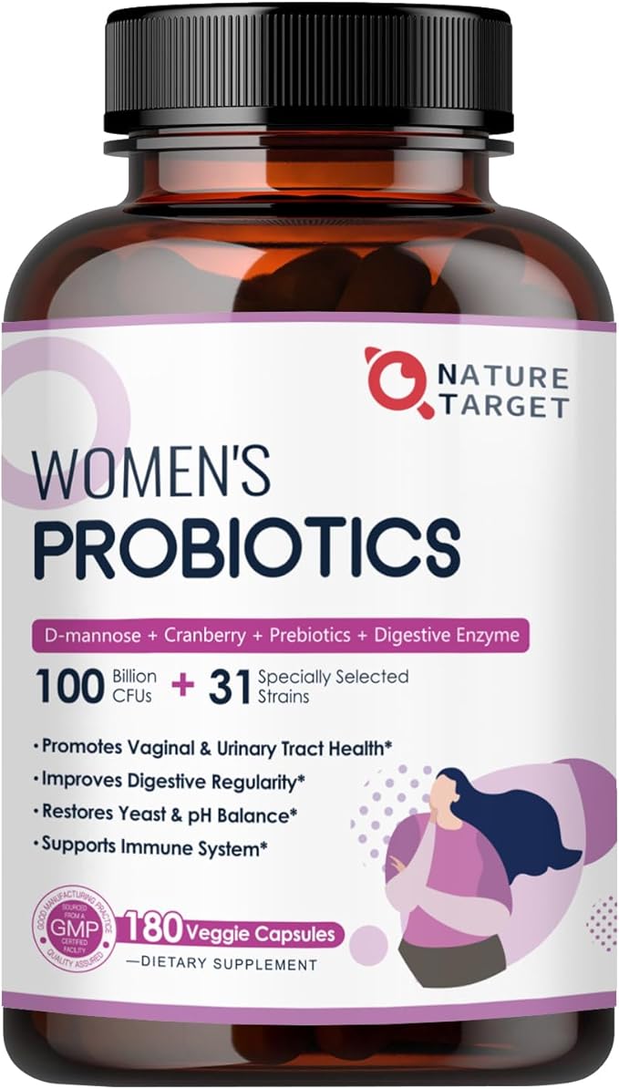 NATURE TARGET Probiotics for Women 100 Billion CFUs Probiotic with Digestive Enzymes &amp Prebiotics Vaginal Probiotics with Cranberry for Urinary Tract Health pH Balance 180 Veggie Capsules