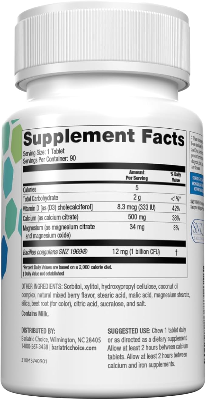 Bariatric Choice Chewable Calcium Citrate 500mg with Vitamin D3 Magnesium &amp Probiotics for Bariatric Surgery Patients Including Gastric Bypass &amp Sleeve Gastrectomy Sugar-Free -Berry Flavor