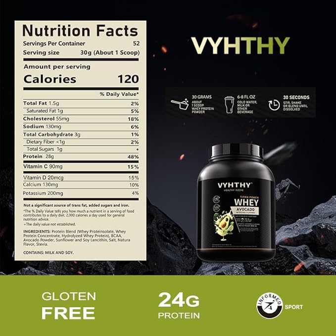 Avocado Flavored Whey Protein Powder 24g Protein per Serving Fast-Absorbing Concentrated whey Protein Low Sugar Gluten-Free Natural Flavor3.5lbs(56oz)