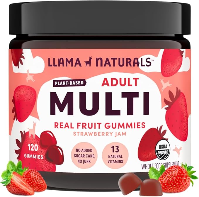Llama Naturals Multivitamin for Women &amp Men Vegan Organic Gummies with Vitamin D C &amp K Adults Real Fruit Gummy Vitamins Chewable Multivitamin Supplement No Added Sugar Cane Strawberry