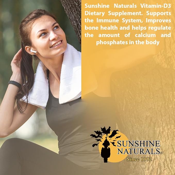 Sunshine Naturals Vitamin D3 Dietary Supplement. High Strength for Immune System Support Bone Health Mood Boost and Muscle Function. 250mcg. 100 Gels. Pack of 2