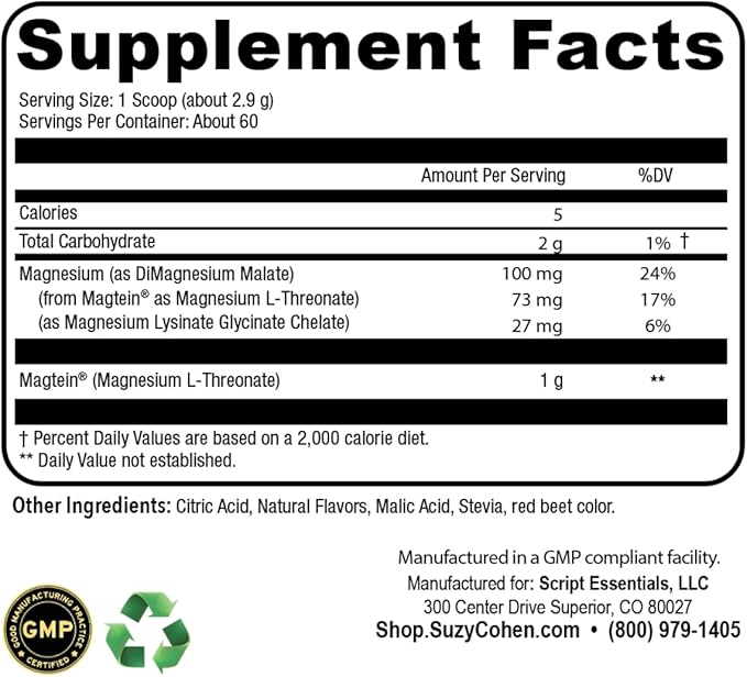 Suzy Cohen MagFocus Magnesium L-Threonate Powder with Magtein (Mixed Berry) Plus Magnesium Glycinate for Wellness Focus and Cognition - Gluten-Free Non-GMO Vegetarian (60 Servings)