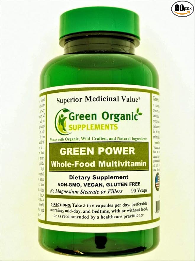 Green Organic Supplements Green Power Multivitamin Whole Food Multivitamin 90 VCaps Hand Made Non-GMO Vegan Gluten Free Made with Organic Wild-Crafted and Natural Ingredients