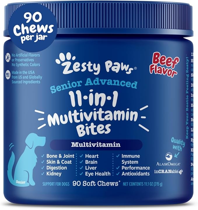 Zesty Paws Senior Dog Multivitamin Treats - Glucosamine for Dogs + Digestive Enzymes &amp Probiotics - Grain Free Dog Vitamins and Supplements for Skin &amp Coat + Immune Health Beef - Advanced - 90